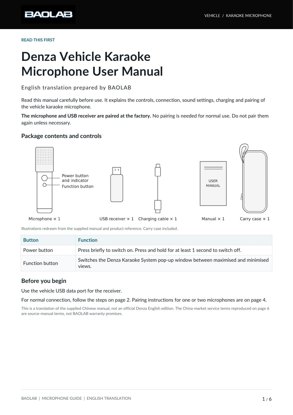 Microphone manual page 1. Full text is available in the linked PDF.